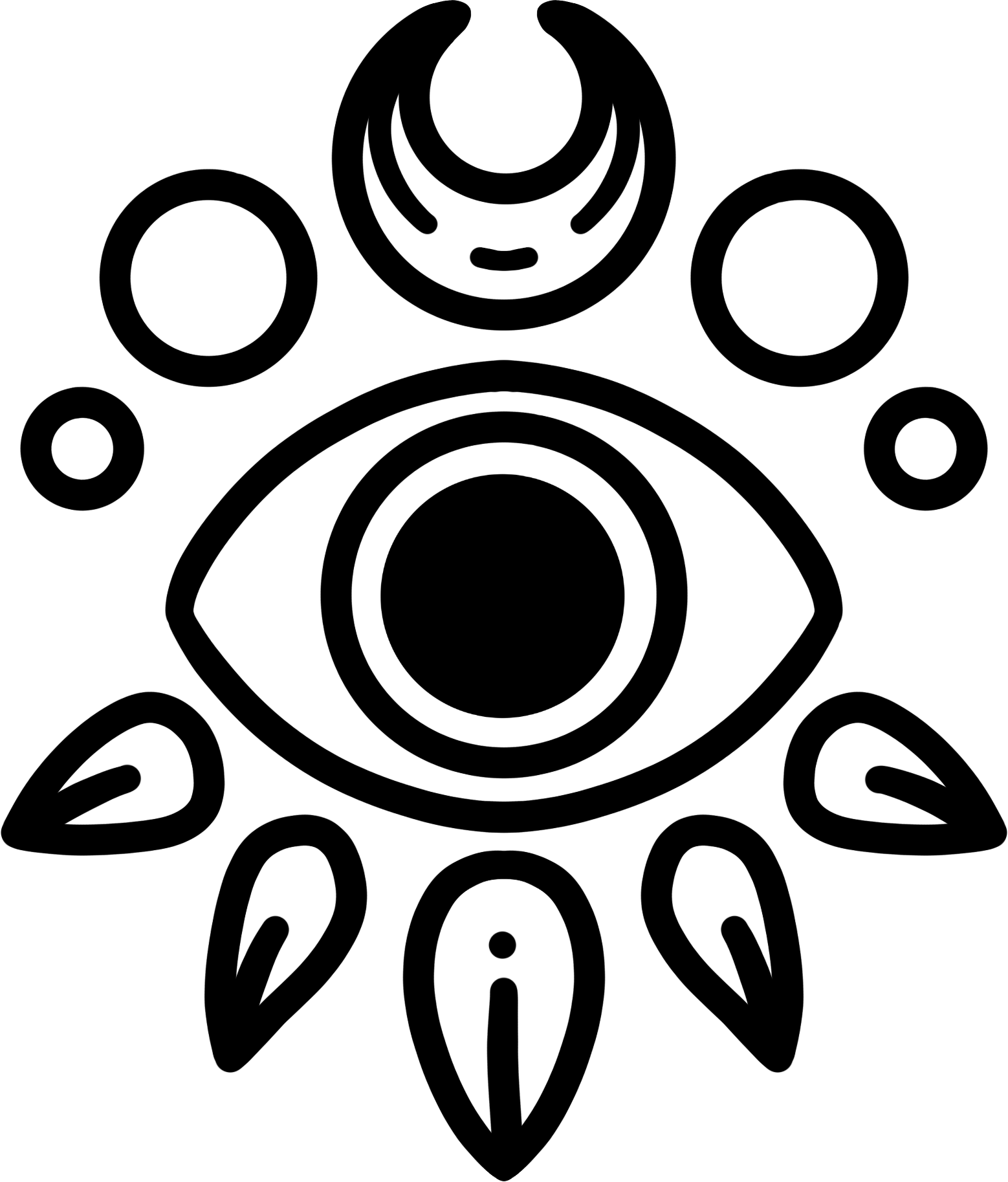 A stylized lineart third eye symbol surrounded by symmetrical orbs and teardrop shaped stones